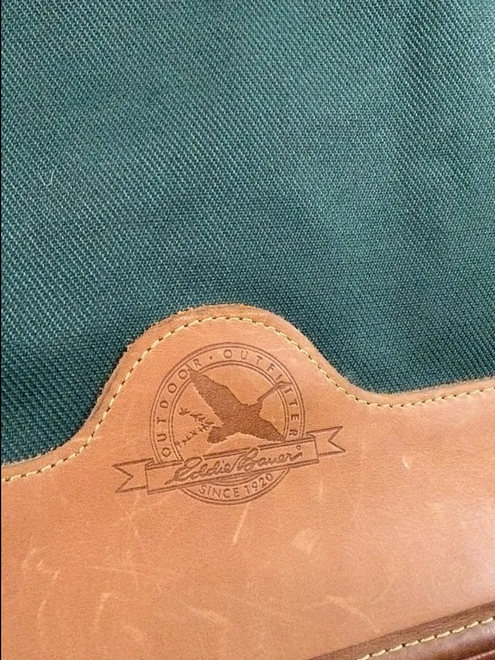 Eddie Bauer Dark Green Canvas Meather Messenger Laptop Bag Brown Leather Trim